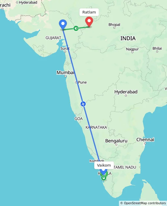 Route map showing distance and travel time from Vaikom, India to Ratlam, India