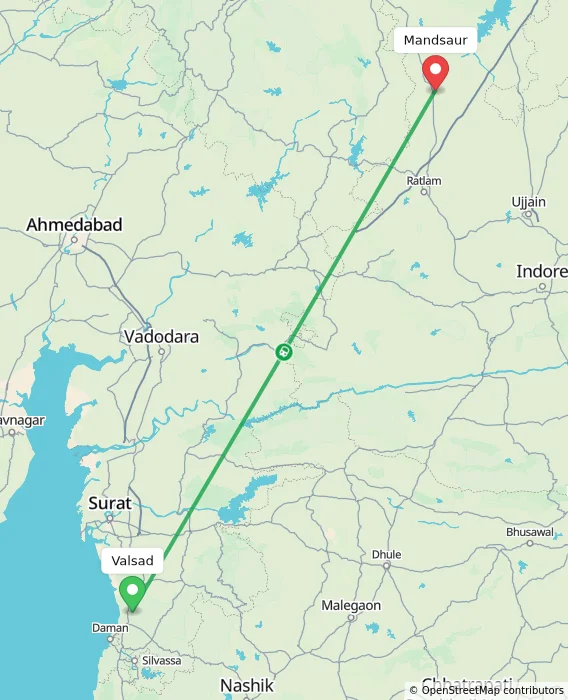 Route map showing distance and travel time from Valsad, India to Mandsaur, India