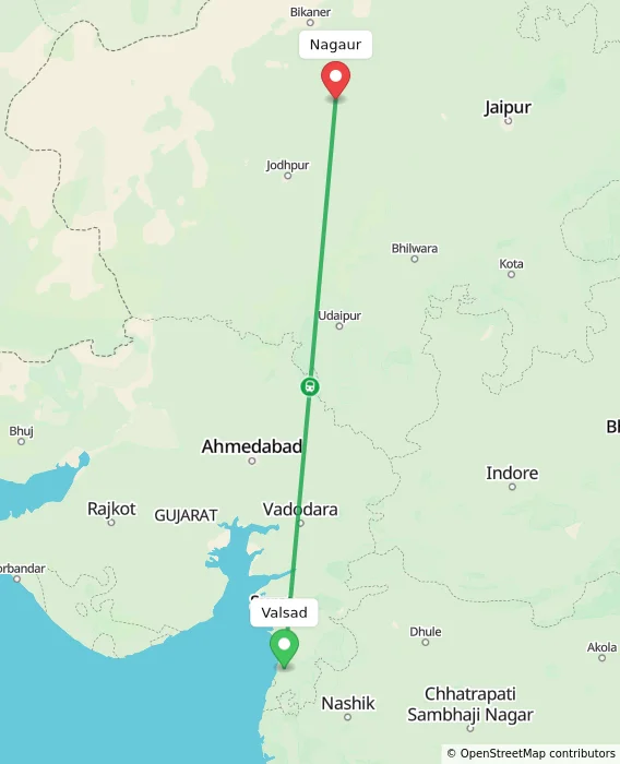 Route map showing distance and travel time from Valsad, India to Nagaur, India