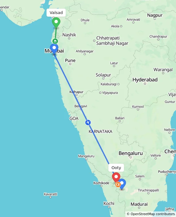 Route map showing distance and travel time from Valsad, India to Ooty, India
