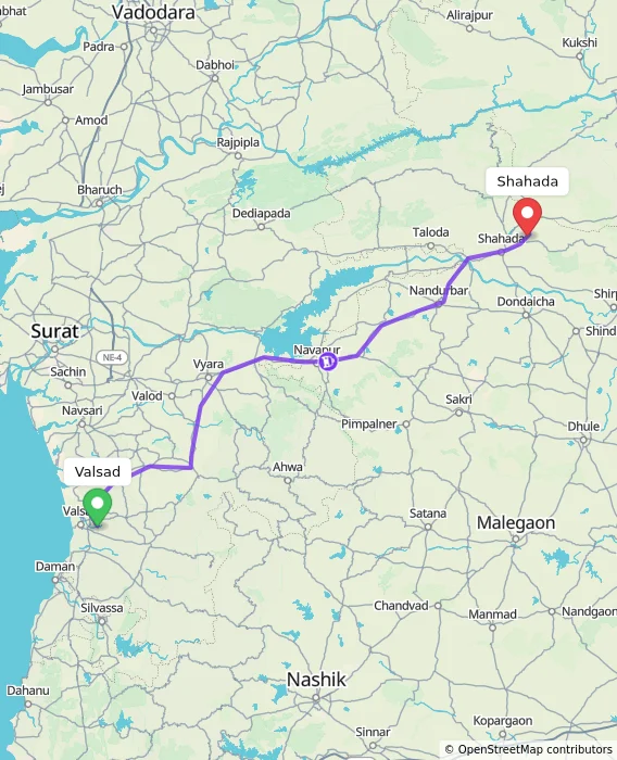 Route map showing distance and travel time from Valsad, India to Shahada, India