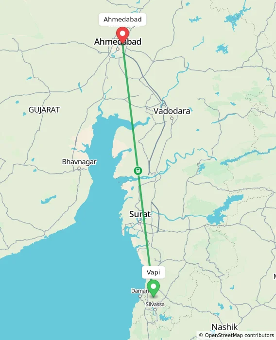 Route map showing distance and travel time from Vapi, India to Ahmedabad, India