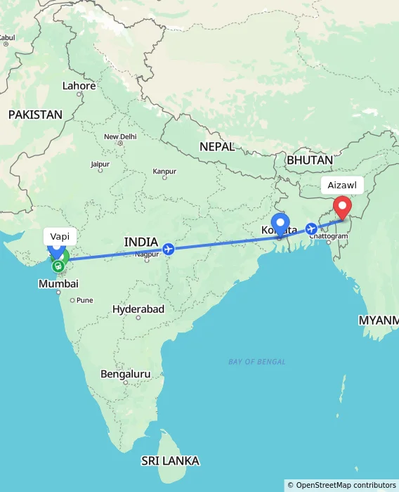 Route map showing distance and travel time from Vapi, India to Aizawl, India