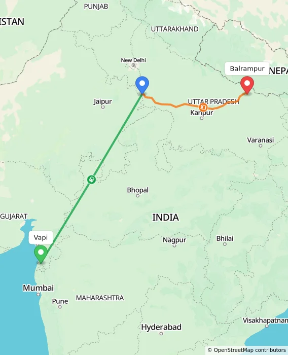 Route map showing distance and travel time from Vapi, India to Balrampur, India