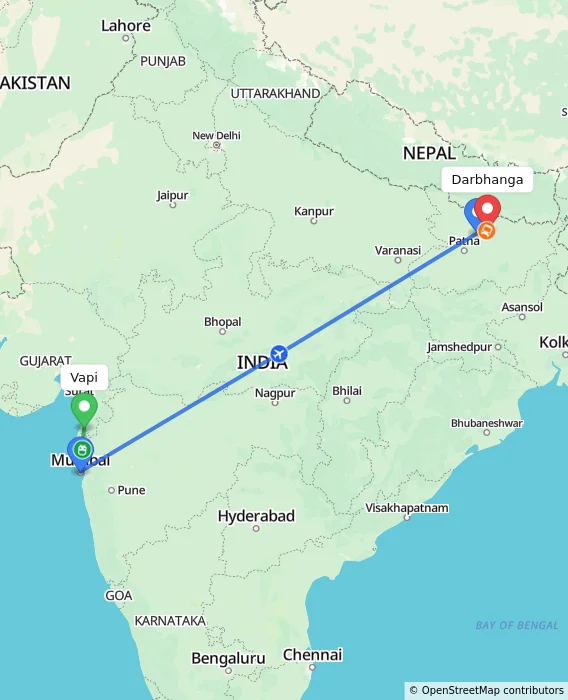 Route map showing distance and travel time from Vapi, India to Darbhanga, India
