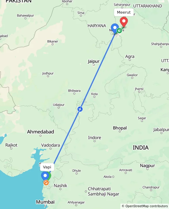 Route map showing distance and travel time from Vapi, India to Meerut, India
