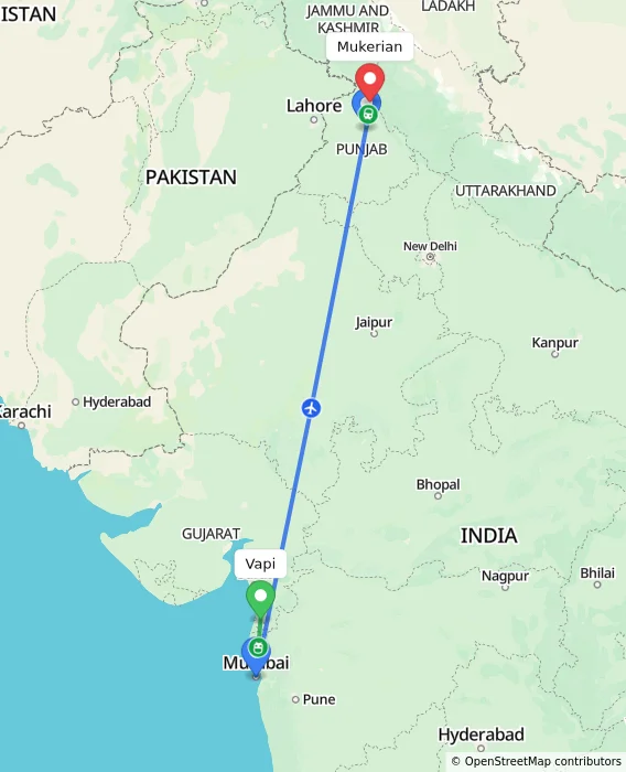 Route map showing distance and travel time from Vapi, India to Mukerian, India