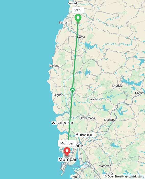 Route map showing distance and travel time from Vapi, India to Mumbai, India