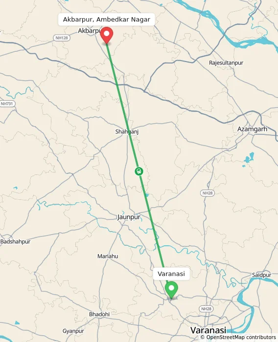 Route map showing distance and travel time from Varanasi, India to Akbarpur, Ambedkar Nagar, India