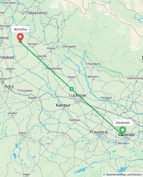 Route map showing distance and travel time from Varanasi, India to Amroha, India