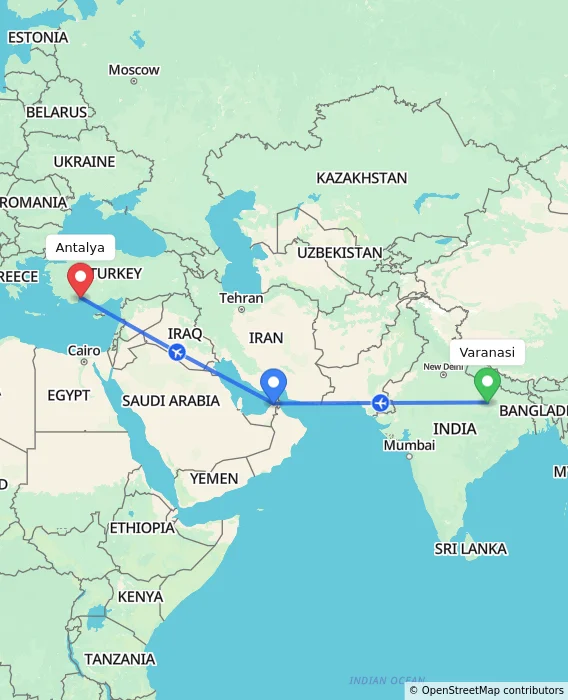Route map showing distance and travel time from Varanasi, India to Antalya, Turkey