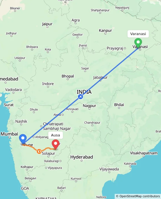Route map showing distance and travel time from Varanasi, India to Ausa, India