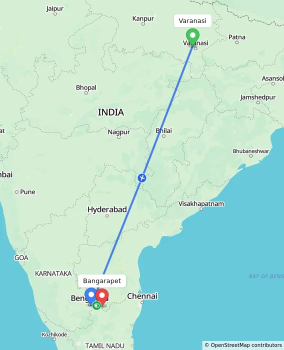 Route map showing distance and travel time from Varanasi, India to Bangarapet, India
