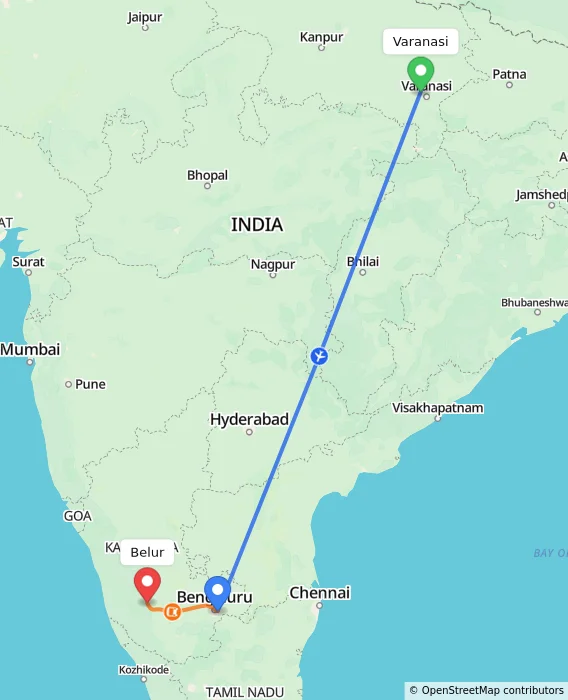 Route map showing distance and travel time from Varanasi, India to Belur, India