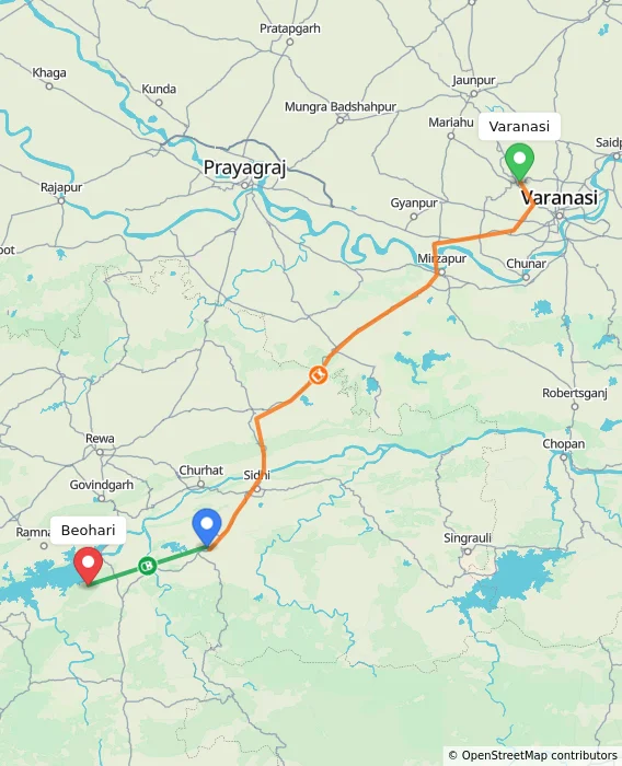 Route map showing distance and travel time from Varanasi, India to Beohari, India
