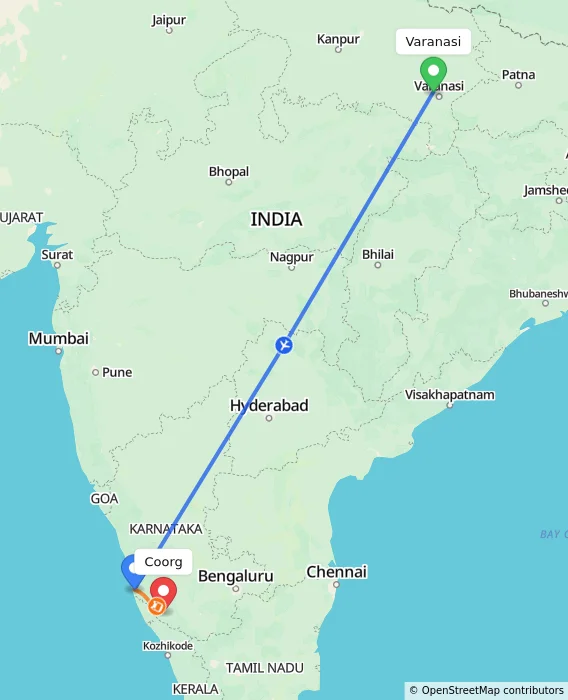 Route map showing distance and travel time from Varanasi, India to Coorg, India