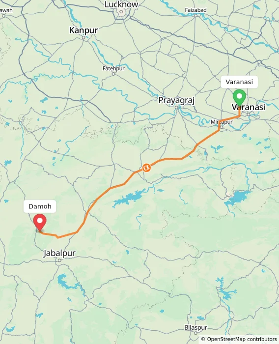 Route map showing distance and travel time from Varanasi, India to Damoh, India