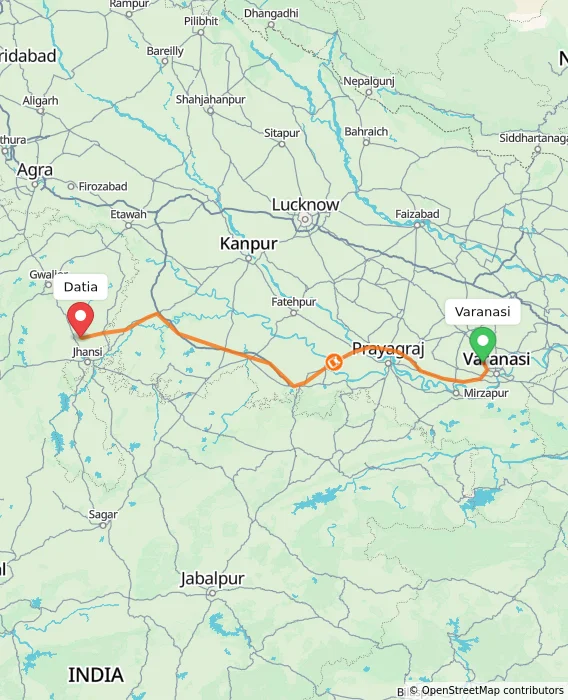 Route map showing distance and travel time from Varanasi, India to Datia, India