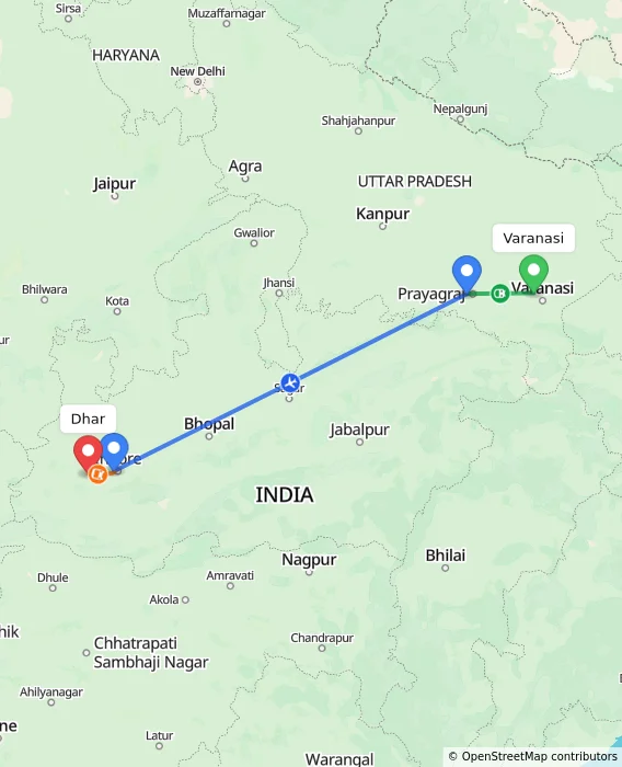 Route map showing distance and travel time from Varanasi, India to Dhar, India