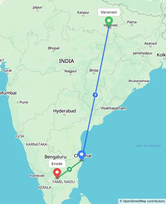 Route map showing distance and travel time from Varanasi, India to Erode, India