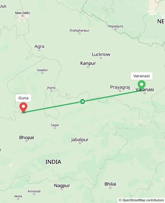 Route map showing distance and travel time from Varanasi, India to Guna, India