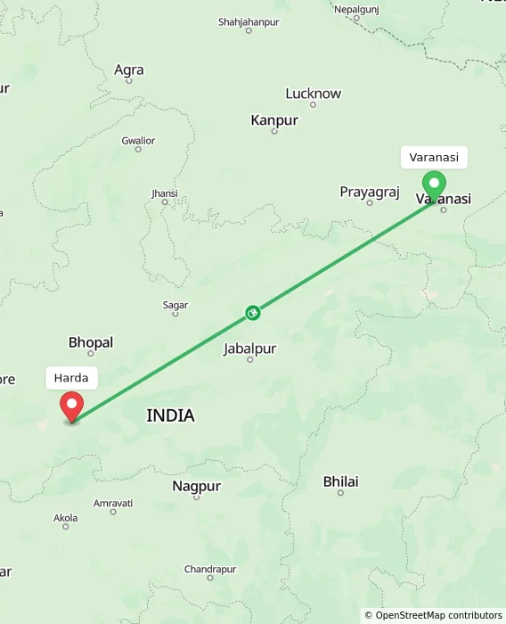Route map showing distance and travel time from Varanasi, India to Harda, India