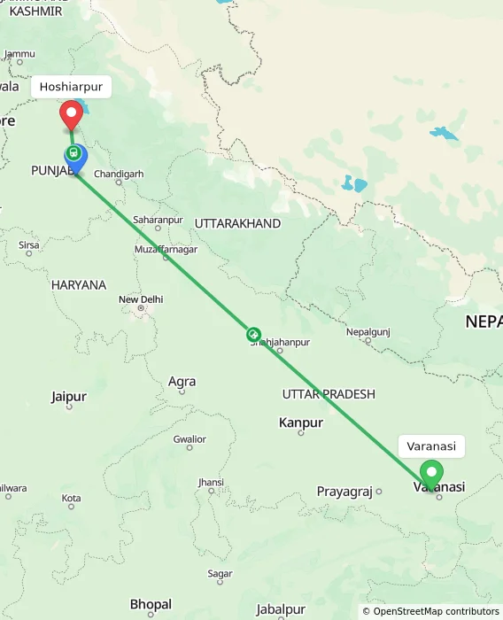 Route map showing distance and travel time from Varanasi, India to Hoshiarpur, India