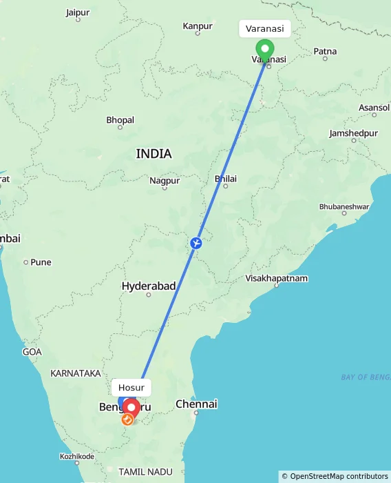 Route map showing distance and travel time from Varanasi, India to Hosur, India