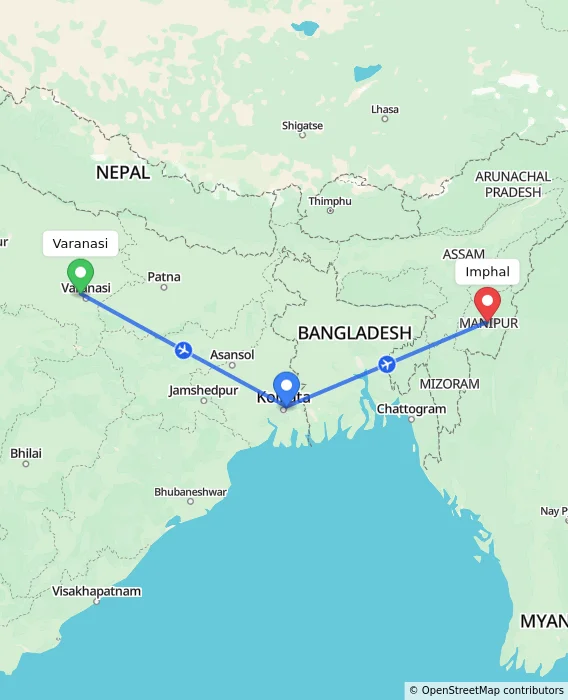 Route map showing distance and travel time from Varanasi, India to Imphal, India