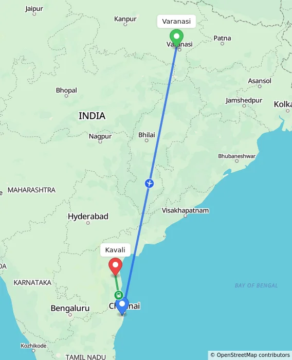 Route map showing distance and travel time from Varanasi, India to Kavali, India