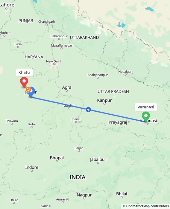 Route map showing distance and travel time from Varanasi, India to Khatu, India