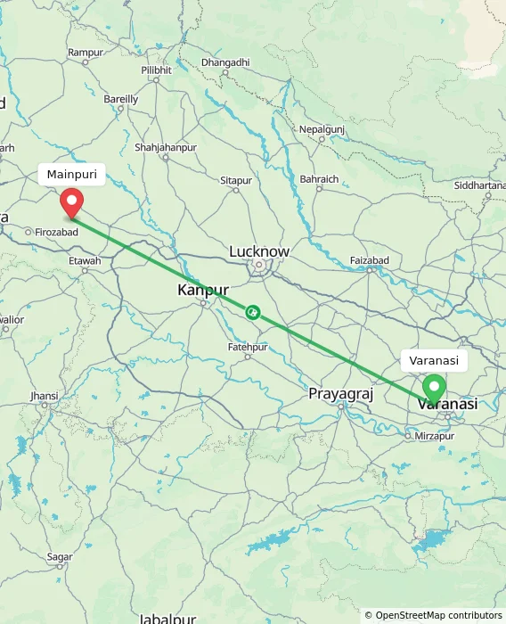 Route map showing distance and travel time from Varanasi, India to Mainpuri, India