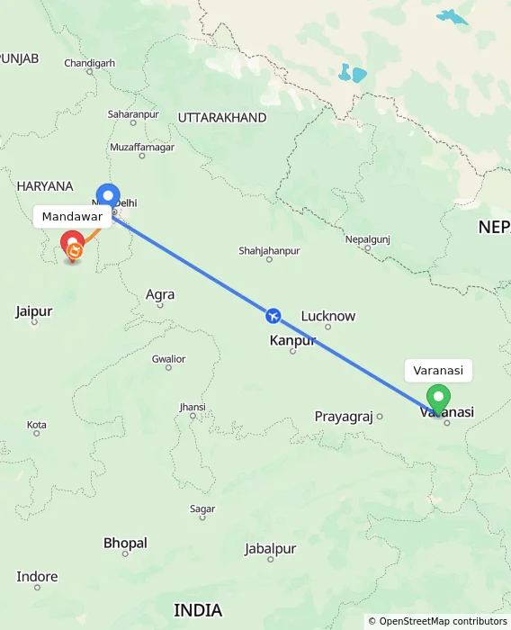 Route map showing distance and travel time from Varanasi, India to Mandawar, India