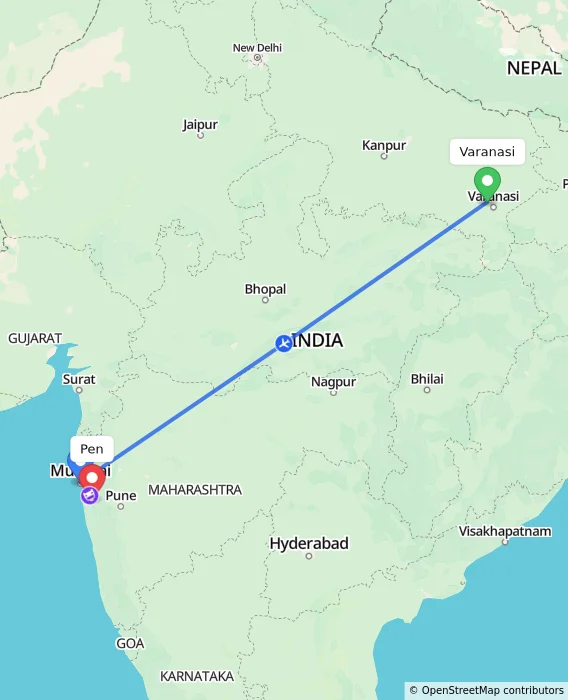 Route map showing distance and travel time from Varanasi, India to Pen, India