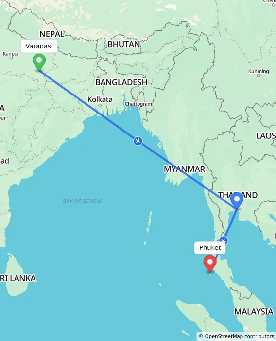 Route map showing distance and travel time from Varanasi, India to Phuket, Thailand
