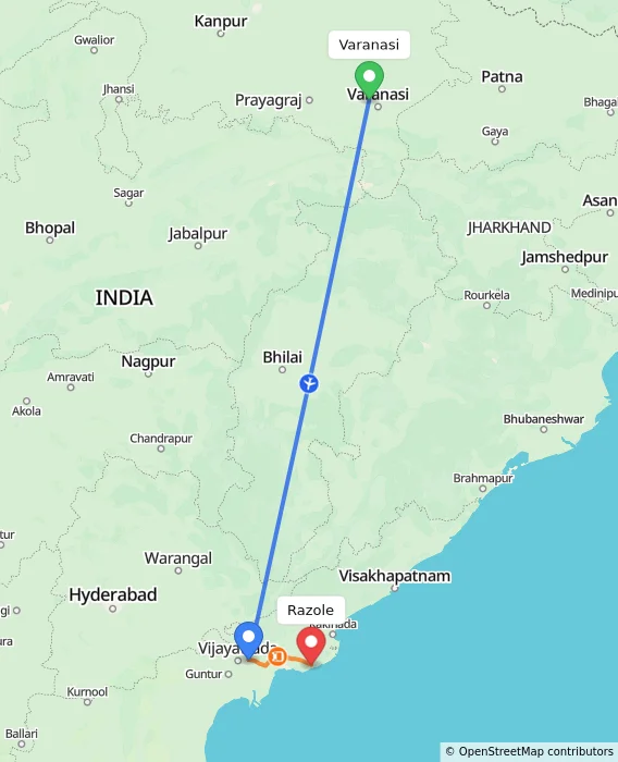 Route map showing distance and travel time from Varanasi, India to Razole, India
