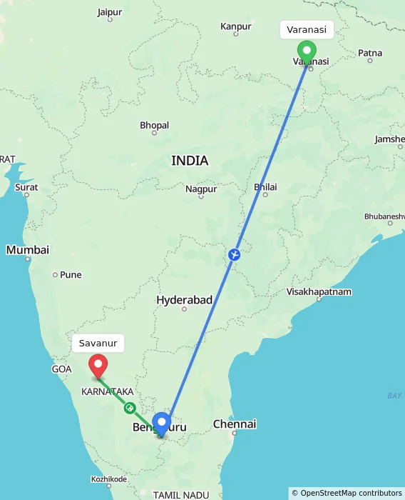 Route map showing distance and travel time from Varanasi, India to Savanur, India