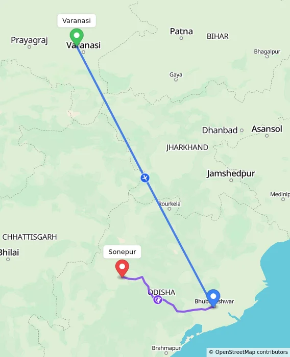 Route map showing distance and travel time from Varanasi, India to Sonepur, India