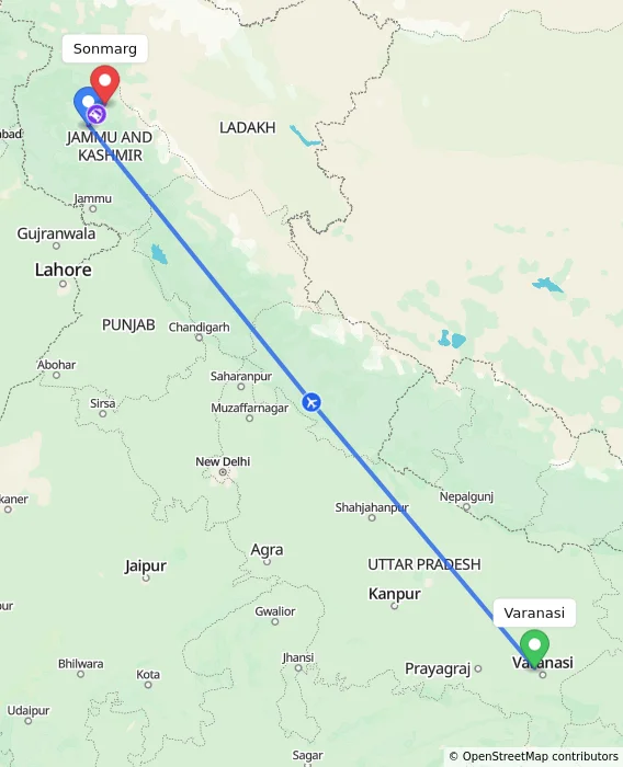 Route map showing distance and travel time from Varanasi, India to Sonmarg, India