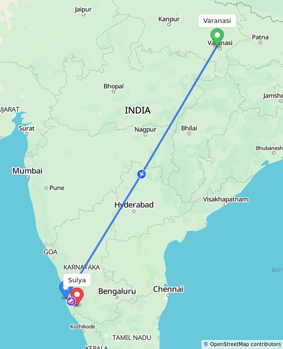 Route map showing distance and travel time from Varanasi, India to Sulya, India