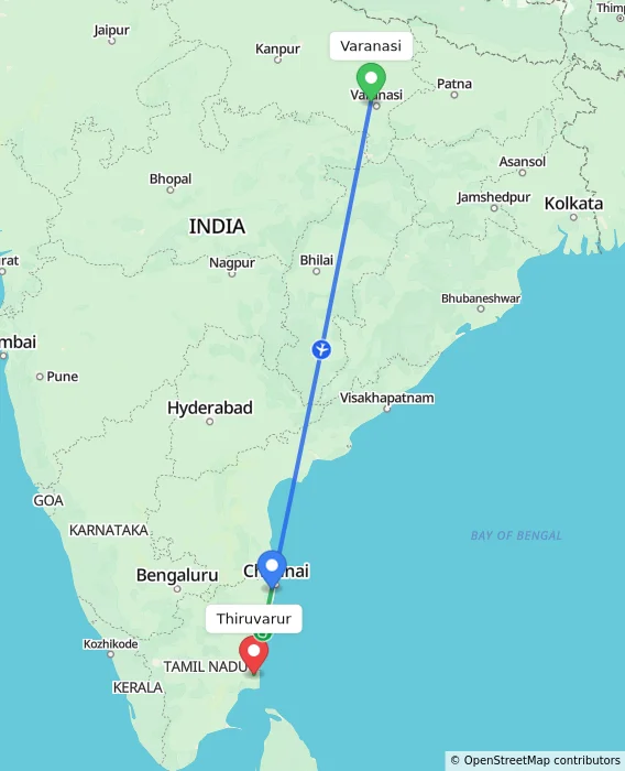 Route map showing distance and travel time from Varanasi, India to Thiruvarur, India