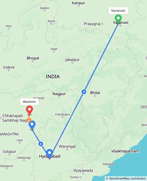 Route map showing distance and travel time from Varanasi, India to Washim, India