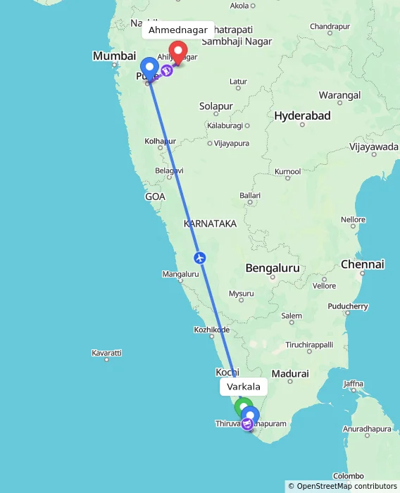 Route map showing distance and travel time from Varkala, India to Ahmednagar, India