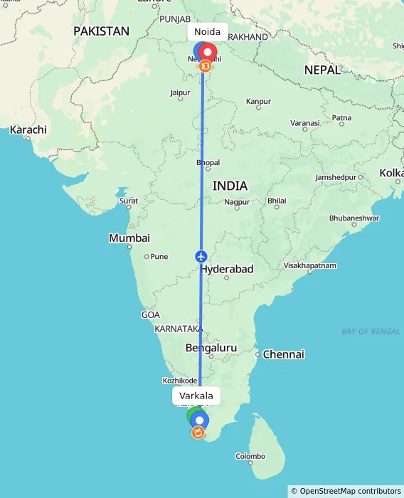 Route map showing distance and travel time from Varkala, India to Noida, India