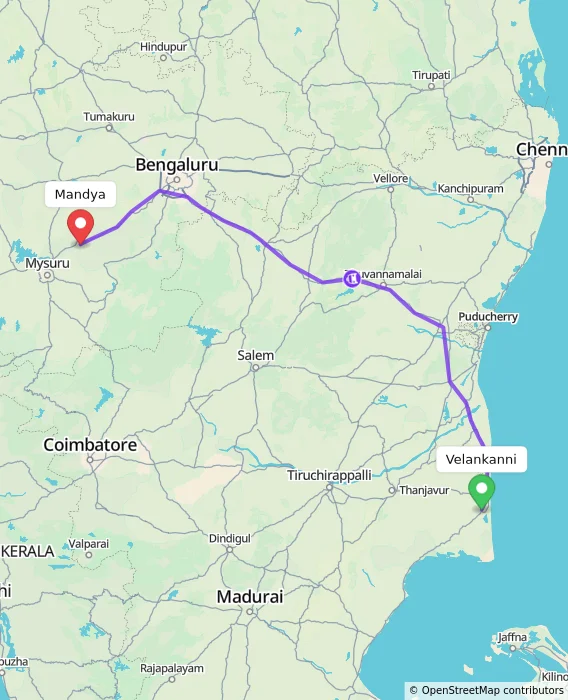 Route map showing distance and travel time from Velankanni, India to Mandya, India