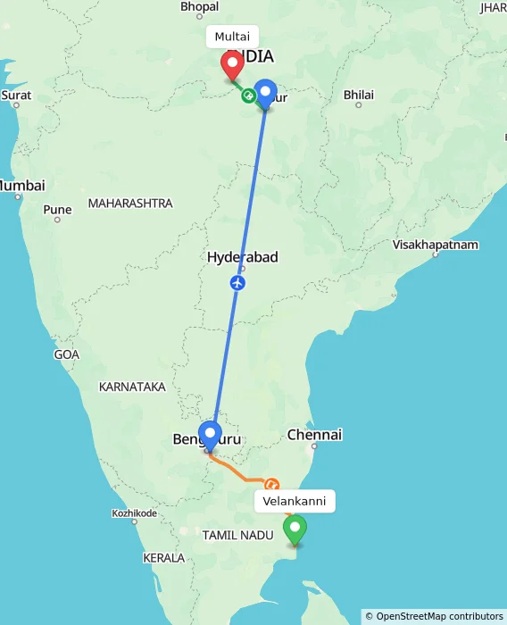Route map showing distance and travel time from Velankanni, India to Multai, India