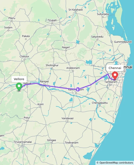 Route map showing distance and travel time from Vellore, India to Chennai, India