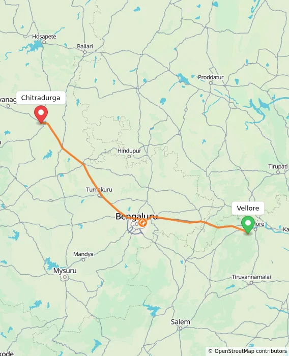 Route map showing distance and travel time from Vellore, India to Chitradurga, India