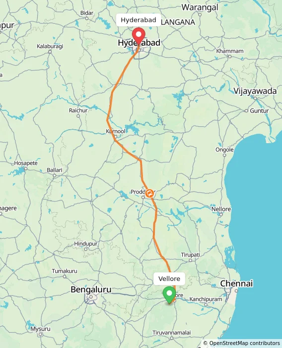 Route map showing distance and travel time from Vellore, India to Hyderabad, India