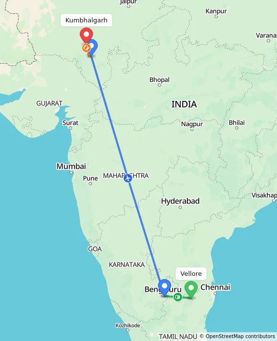 Route map showing distance and travel time from Vellore, India to Kumbhalgarh, India